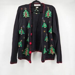 Vintage Victoria Harbour‎ Christmas Tree Cardigan Sweater Teacher Cottage Large